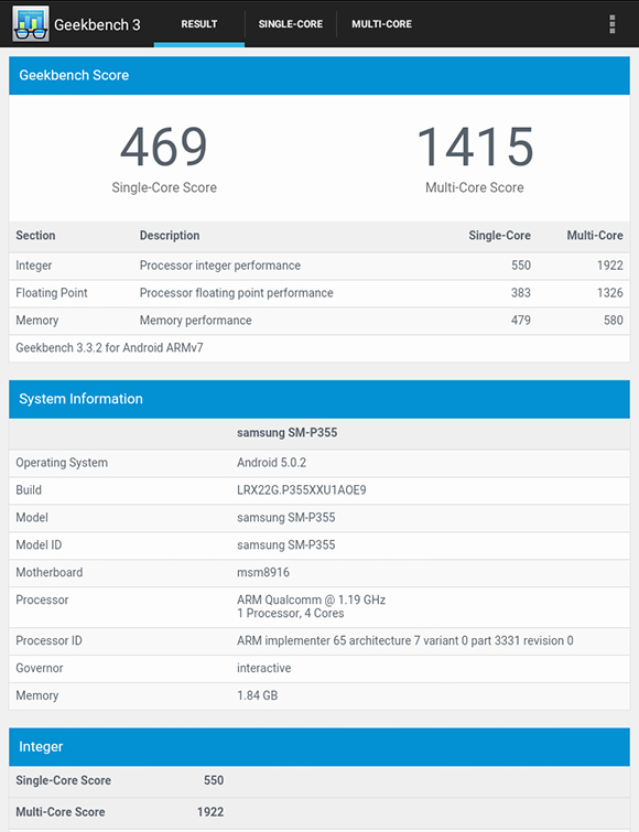 Samsung Tab A Geekbench