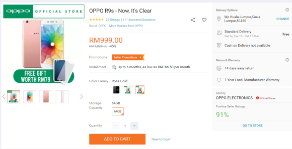 180312 oppo r9s RM999 malaysia