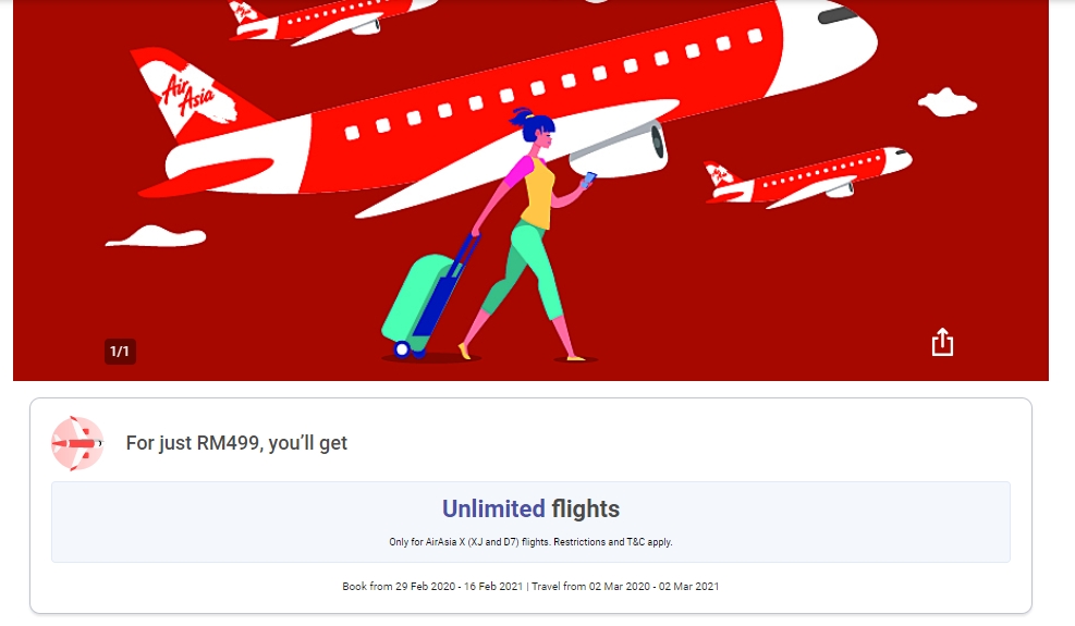 AirAsia is offering 1-year of unlimited flights for a fixed price of RM499. 61