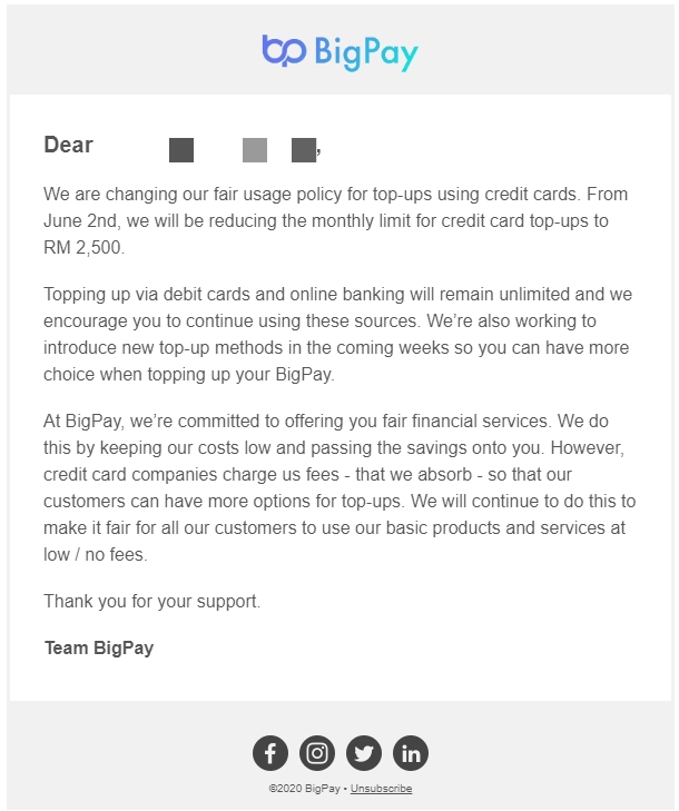 BigPay new credit card top up limit 2 June 2020