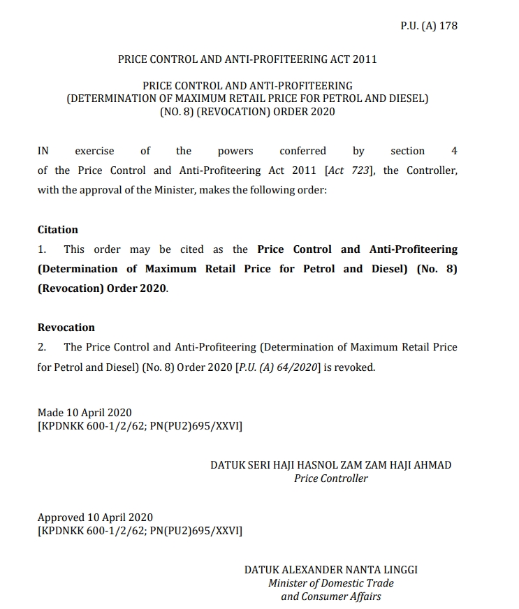 Revocation petrol price order