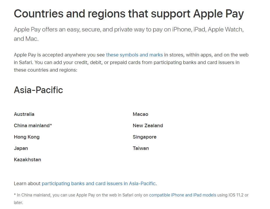 Apple Pay setup Countries
