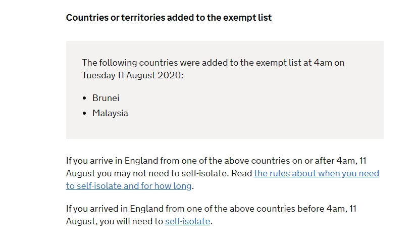 UK Quarantine exempt list
