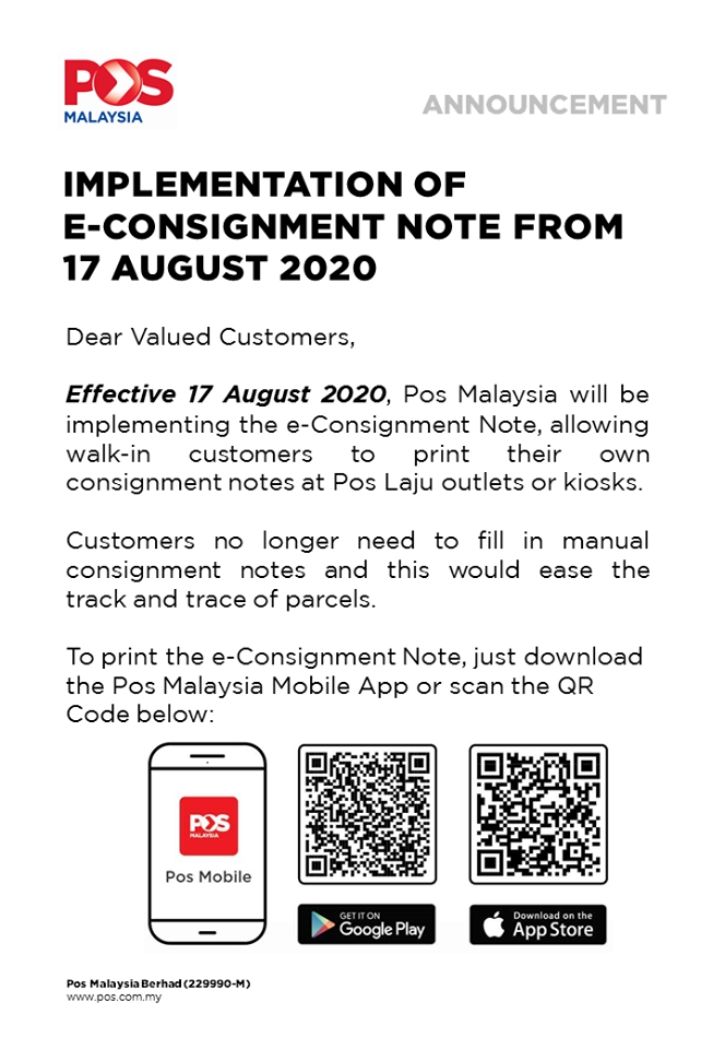 Pos Malaysia e-consignment Notice