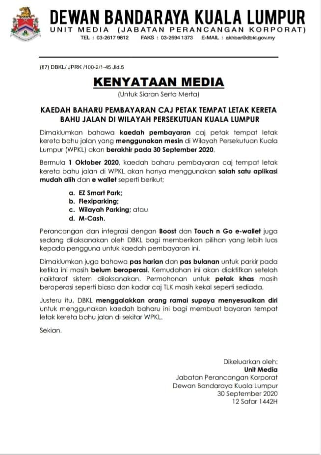 DBKL Parking cashless notice