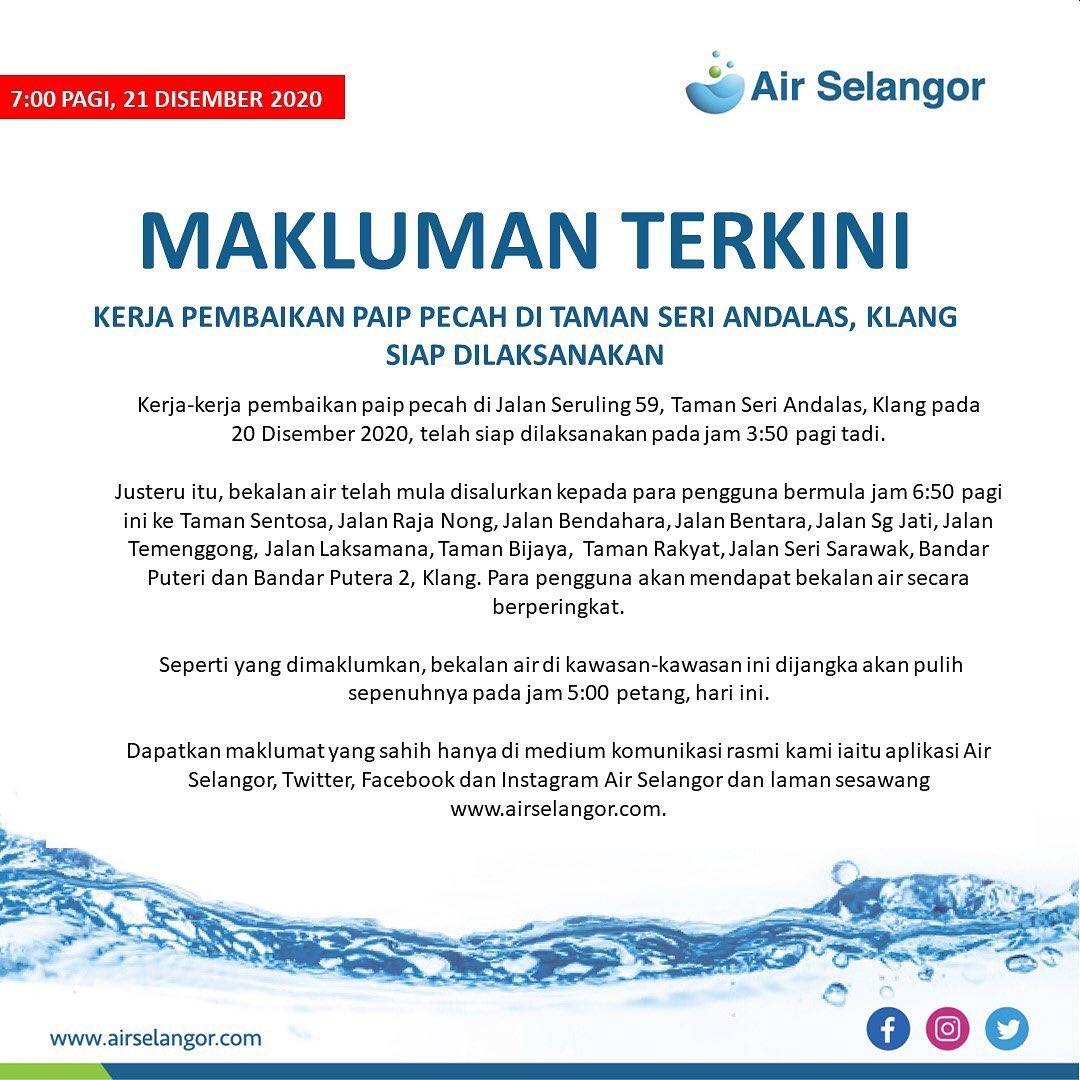 Air Selangor: Burst pipe causes water disruption at 12 areas in Klang and Shah Alam